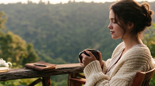 Woman in a cozy sweater drinking coffee on a balcony overlooking a misty forest