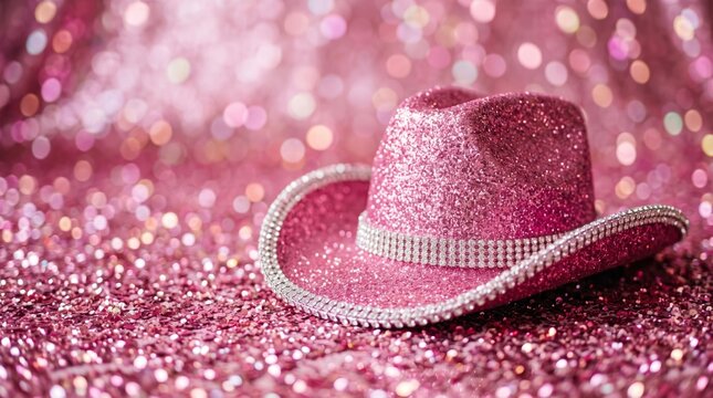 Sparkling pink cowgirl hat with rhinestone trim displayed against a glamorous glitter and bokeh background