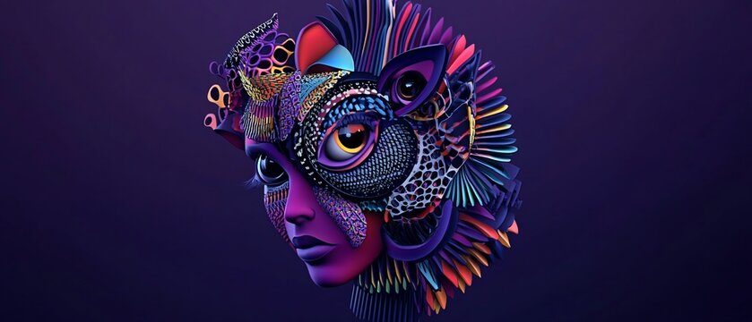 A surreal, vibrant digital artwork featuring a woman's face blended with ornate animalistic masks