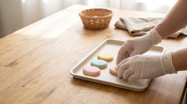 Gloved hands placing pastel macarons on tray near wooden table and basket