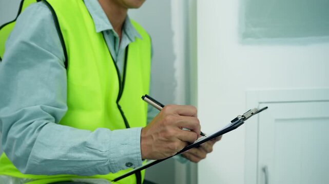 inspector or engineer is inspecting construction and quality assurance new house using a checklist. Engineers or architects or contactor work to build the house before handing it over to the homeowner