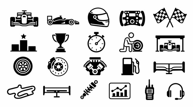 Black and white racing and automotive icons collection.
