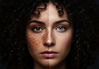 Fototapeta premium Woman's face split showing natural freckled skin versus smooth skin with makeup representing beauty transformation
