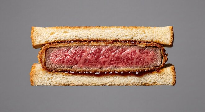 Wagyu katsu sando sandwich with thick bread and breaded beef cutlet. Japanese beef cutlet sandwich served with gourmet sauce. Delicious meat fast food for restaurant menu concept.