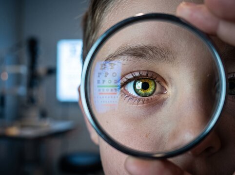 Close up of eye magnified by lens showing digital reflection in professional medical examination setting