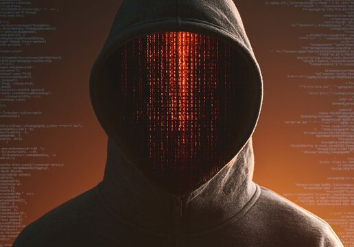 Hacker in anonymous hoodie with glowing binary code for digital cyber security