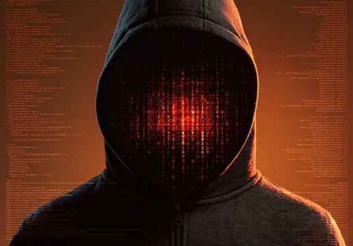 Hacker in anonymous hoodie with glowing binary code representing digital security