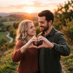 Fototapeta premium Couple making heart shape outdoors at golden hour with romantic countryside landscape