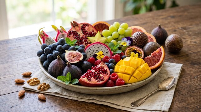 Fresh assortment of tropical and exotic fruits on wooden table