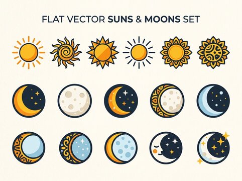 Flat Vector Suns and Moons Set