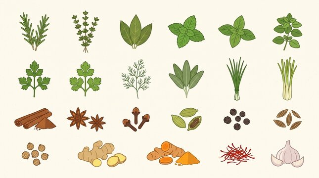 Collection of fresh herbs and spices illustration