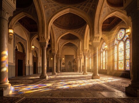 Grand Islamic Hall with Stained Glass Windows and Sunbeams