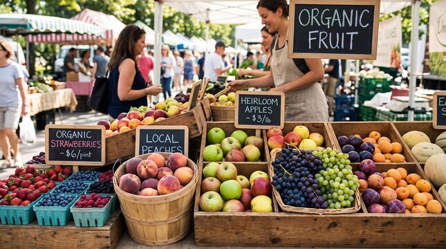 Fresh organic fruit and vegetables at a farmers market stall