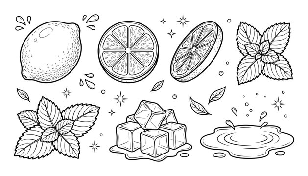  Fresh lemon line art vector set featuring citrus slices mint leaves ice cubes water splash and puddle elements.