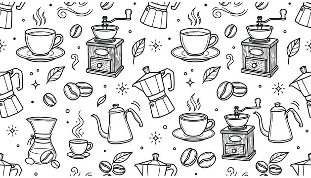 Coffee seamless pattern line art vector backdrop featuring grinder moka pot espresso cup chemex beans and barista elements