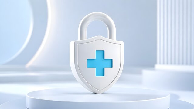 Clean minimalist 3D render of a white medical shield with a blue cross and padlock representing healthcare security and medical insurance