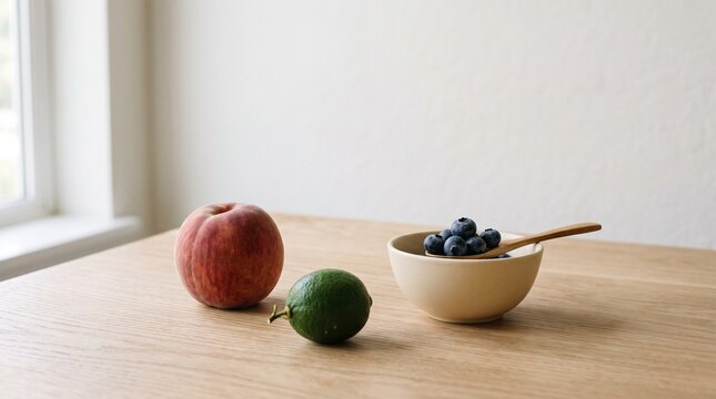 Fresh fruit and blueberries in a bowl on a wooden table
