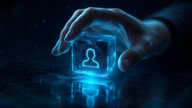 Hand reaching for a glowing blue digital cube containing a human profile representing talent acquisition, digital identity, and HR technology
