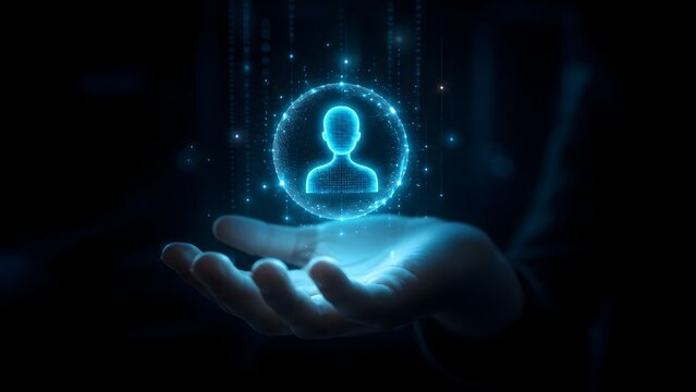 Hand holding a glowing blue holographic human figure representing artificial intelligence, digital twin, and futuristic user data identity