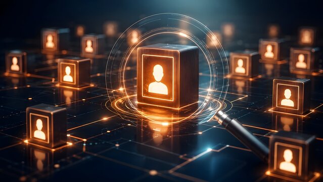 Magnifying glass scanning a glowing digital cube with a candidate profile in a futuristic network representing online talent acquisition and human resources database