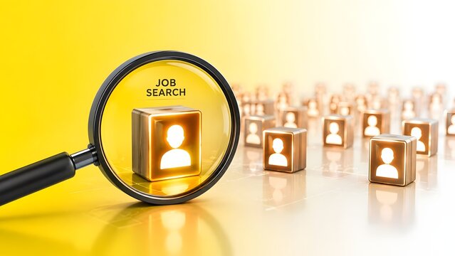 Magnifying glass with job search text focusing on a glowing candidate block among a crowd on a yellow background representing standout talent and hiring success