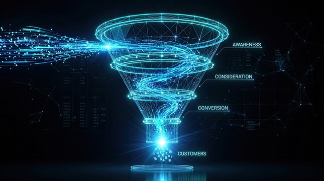 Digital funnel with glowing blue data streams representing data processing and analysis