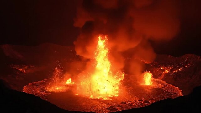Spectacular Volcanic Eruption at Night with Lava Flow and Smoke Plumes.