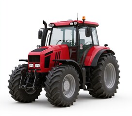Fototapeta premium Tractor for agriculture and farming with red heavy machinery equipment on white