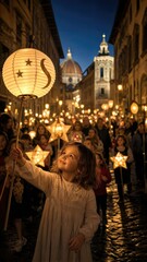 Obraz premium Girl carrying a glowing moon and star lantern during Festa della Rificolona in Florence. Traditional evening procession through historic streets with cathedral architecture and community celebration.