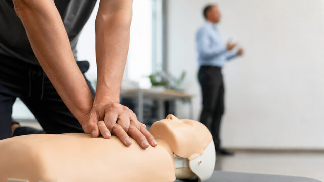 Health workshop banner showing hands performing CPR on training mannequin in classroom setting for emergency response education