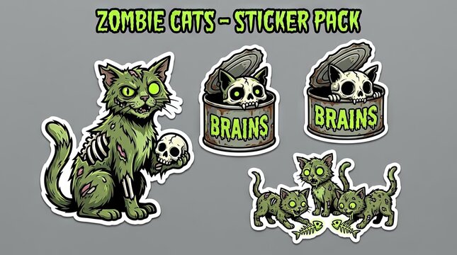 Undead zombie cats sticker pack cartoon illustration