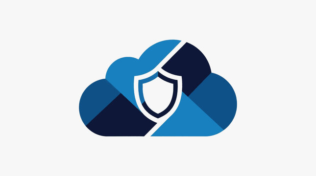 Vector illustration of geometric cloud with shield in center. Blue and navy design for cloud security, data protection, cybersecurity, and IT concept. Modern flat logo. AI generated.