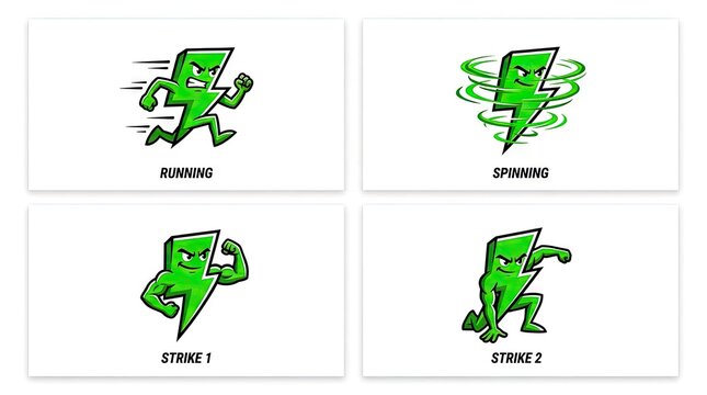 Green lightning bolt mascot character set in action poses.