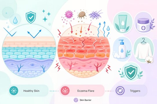 Atopic eczema flare skin barrier infographic illustration of dermatitis triggers and hydration