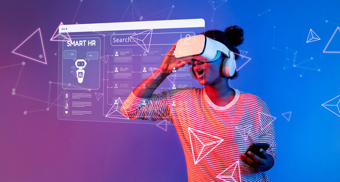 A dynamic scene depicting a user immersed in virtual reality, exploring innovative smart solutions for human resources, enhancing engagement and transforming workplace experiences. XDMCP