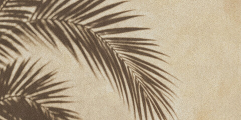 Fototapeta premium Palm leaf shadow on textured beige sand background for summer travel and vacation concept