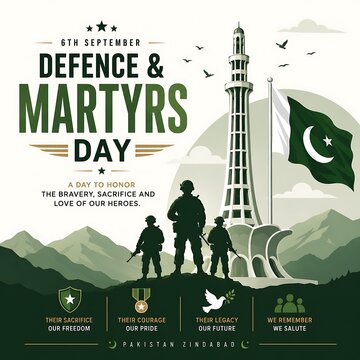 Pakistan Defence and Martyrs Day poster, 6th September national holiday banner, patriotic military tribute with soldiers and flag