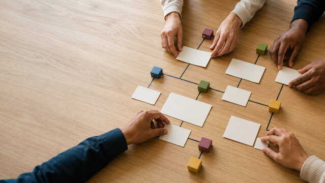 Strategic partnership deals planning with teamwork using flowchart and blank cards on wooden table for business success
