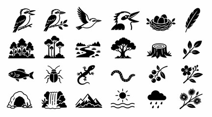 Black and white nature and wildlife icon collection.