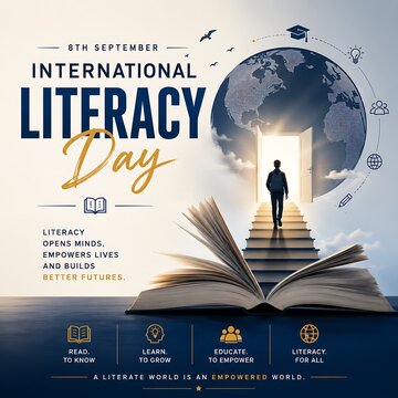 International Literacy Day poster, educational concept with open book and globe. Student walking toward light on stairs for learning and empowerment.