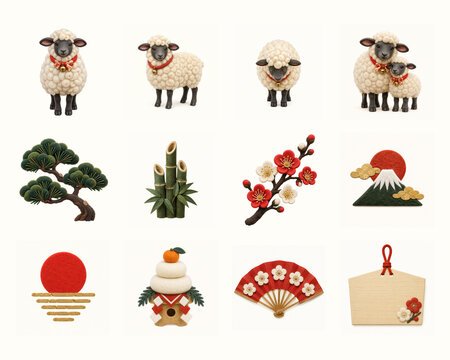 Wool felt Japanese New Year icon set with sheep and lucky symbols