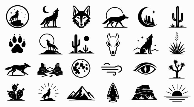 Black and white wolf and nature icon collection.