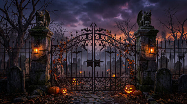 Cemetery gate stands guarded by gargoyles and glowing jack-o'-lanterns under a spooky sky.