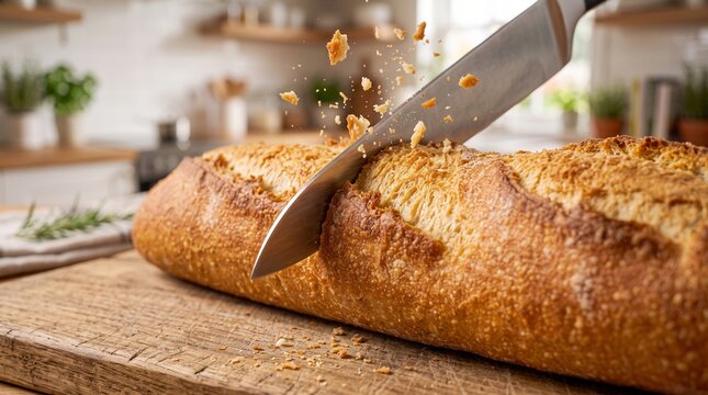 Knife Cutting Crispy Artisan Baguette with Flying Crumbs on Wooden Board