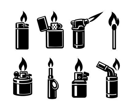 Collection of various lighters and a lit match in a simple black and white icon set