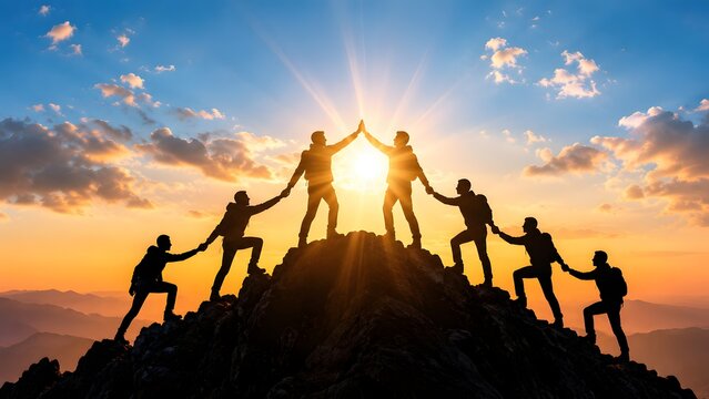 Silhouettes of hikers helping each other reach a mountain peak at sunset. Concept of strong teamwork and conquering challenges together.
