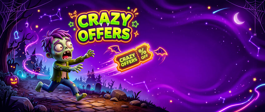 Funny 3D zombie chasing flying glowing neon coupon banner, CRAZY OFFERS text, Halloween sale template