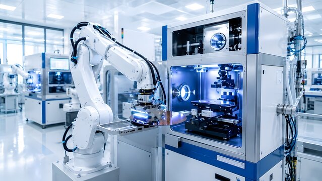 Robotic arm handling a silicon wafer inside a high tech cleanroom facility. Concept of advanced semiconductor manufacturing and industrial automation.