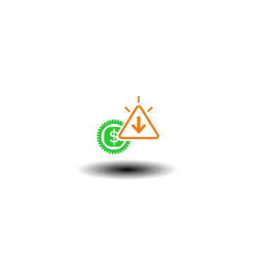 Vector illustration of money coin with attention sign and arrow down. Symbol of small cap.