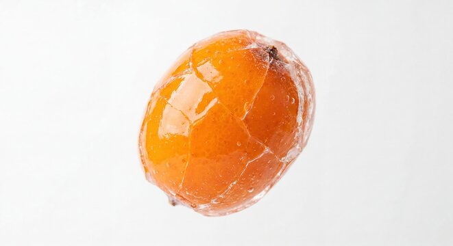 Golden sea buckthorn berry frozen inside clear ice cube. Isolated orange fruit encapsulated in cold water block. Concept of freshness, preservation and winter vitamin ingredient.